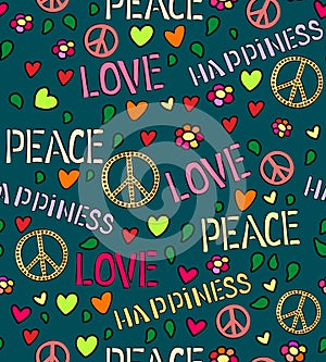 Seamless pattern with symbols of the hippie. love and peace color background