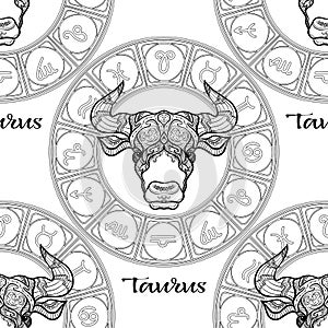 Seamless pattern with symbols of a horoscope, signs of the zodiac