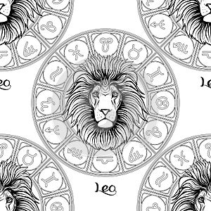 Seamless pattern with symbols of a horoscope, signs of the zodiac