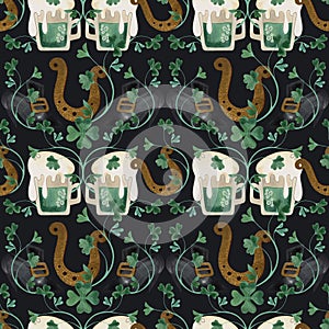 Seamless pattern with symbols of Ireland. Wrapping paper for St. Patrick's Day. Watercolor in vintage style on a