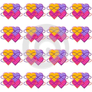 Seamless pattern with symbols of polyamory. Ornament from hearts and infinity sign. Several multicolored hearts photo