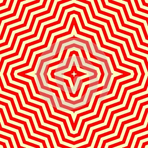 Seamless pattern with symmetric ornament. Red abstract on yellow background. Psychedelic wallpaper. Lines motif. Vector