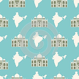 Seamless pattern with Tadj Mahal of Agra and map of India