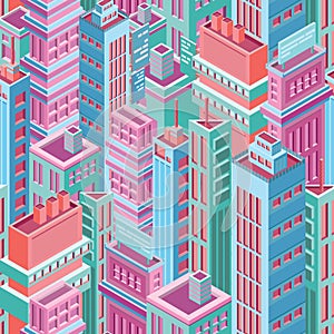 Seamless pattern with tall isometric city buildings, skyscrapers or towers of modern megalopolis. Background with city