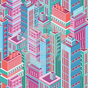 Seamless pattern with tall isometric city buildings, skyscrapers or towers of modern megalopolis. Background with city photo
