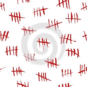 Seamless pattern tally marks. Red bloody hand drawn strokes, sketchy waiting days count, crossed out rough lines