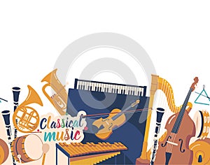 Seamless Pattern With Tambourine, Grand Piano, Xylophone And French Horn. Drum, Cello, Brass Plates And Harp Or Violin