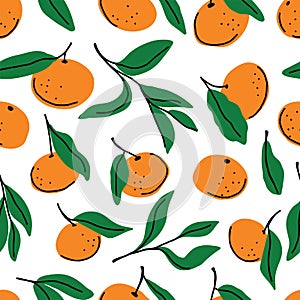 Seamless pattern with tangerines and leaves on a white background.
