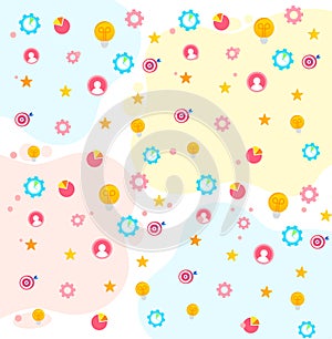 Seamless pattern with target, clock, light bulb, gear, stars and charts. Vector cartoon texture