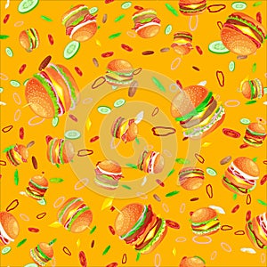 Seamless pattern tasty burger grilled beef and fresh vegetables dressed with sauce bun for snack, american hamburger