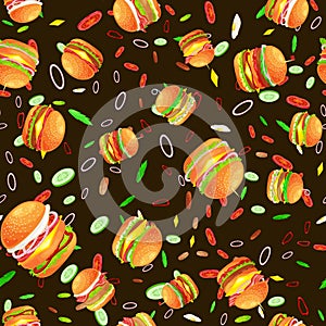 Seamless pattern tasty burger grilled beef and fresh vegetables dressed with sauce bun for snack, american hamburger