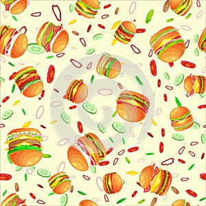 Seamless pattern tasty burger grilled beef and fresh vegetables dressed with sauce bun for snack, american hamburger