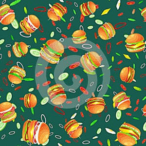 Seamless pattern tasty burger grilled beef and fresh vegetables dressed with sauce bun for snack, american hamburger