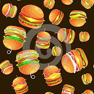 Seamless pattern tasty burger grilled beef and fresh vegetables dressed with sauce bun for snack, american hamburger