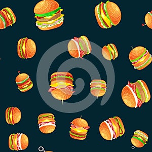 Seamless pattern tasty burger grilled beef and fresh vegetables dressed with sauce bun for snack, american hamburger