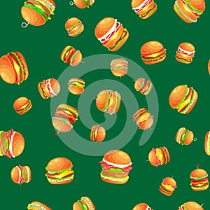 Seamless pattern tasty burger grilled beef and fresh vegetables dressed with sauce bun for snack, american hamburger