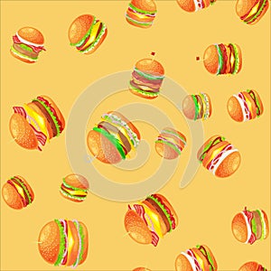 Seamless pattern tasty burger grilled beef and fresh vegetables dressed with sauce bun for snack, american hamburger