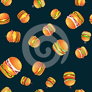 Seamless pattern tasty burger grilled beef and fresh vegetables dressed with sauce bun for snack, american hamburger