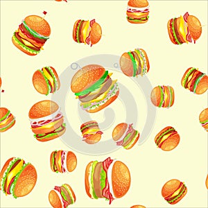 Seamless pattern tasty burger grilled beef and fresh vegetables dressed with sauce bun for snack, american hamburger