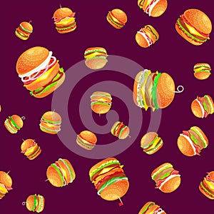 Seamless pattern tasty burger grilled beef and fresh vegetables dressed with sauce bun for snack, american hamburger