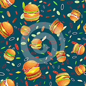 Seamless pattern tasty burger grilled beef and fresh vegetables dressed with sauce bun for snack, american hamburger