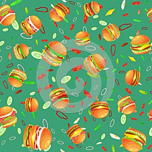 Seamless pattern tasty burger grilled beef and fresh vegetables dressed with sauce bun for snack, american hamburger