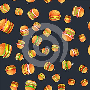 Seamless pattern tasty burger grilled beef and fresh vegetables dressed with sauce bun for snack, american hamburger