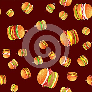 Seamless pattern tasty burger grilled beef and fresh vegetables dressed with sauce bun for snack, american hamburger