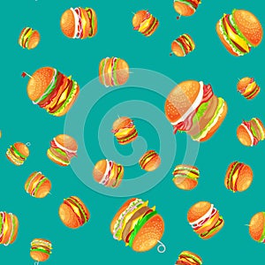 Seamless pattern tasty burger grilled beef and fresh vegetables dressed with sauce bun for snack, american hamburger