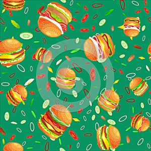 Seamless pattern tasty burger grilled beef and fresh vegetables dressed with sauce bun for snack, american hamburger