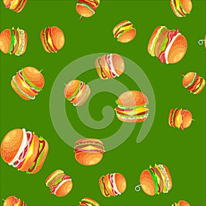 Seamless pattern tasty burger grilled beef and fresh vegetables dressed with sauce bun for snack, american hamburger