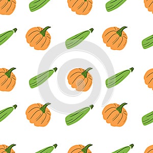 Seamless pattern with tasty fresh orange pumpkin and green courgette squash. Simple vector hand drawn sketch illustration in flat