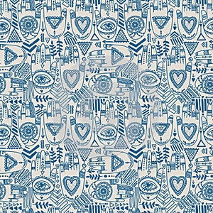 Seamless pattern with tattooed hands and ethnic or esoteric symbols