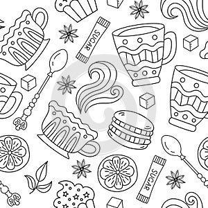 Seamless pattern with tea, coffee, pastries and sweets. Doodle style vector