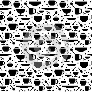 Seamless pattern with tea and coffee utensils. Black Silhouettes of cups, spoons, saucers on a white background. Vector