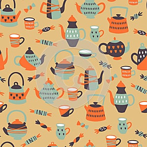 Seamless Pattern with Tea Elements. Background with Teapots, Cups and Sweets