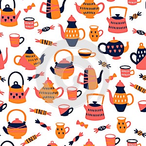 Seamless Pattern with Tea Elements. Background with Teapots, Cups and Sweets