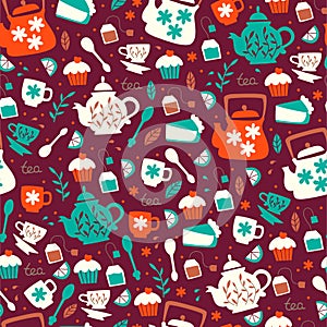 Seamless Pattern with Tea Elements. Hand Drawn Vector Illustration.