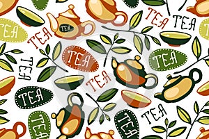 Seamless pattern with tea leaves, teapots, cup, letting `Tea`.