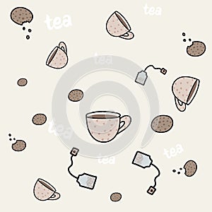 seamless pattern with tea mug biscuits tea bag