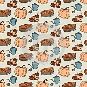 Seamless pattern of tea pot, pumpkin, candles and apple pie.