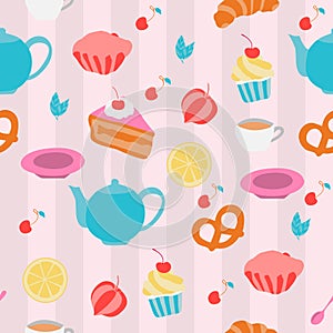 Seamless pattern with tea pots, cups and sweeties. Vector illust