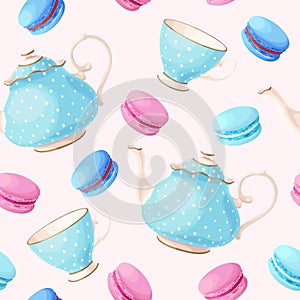 Seamless pattern with tea pots and cups