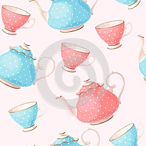 Seamless pattern with tea pots and cups