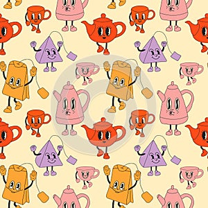 Seamless Pattern with Tea set mascots in retro cartoon style illustration