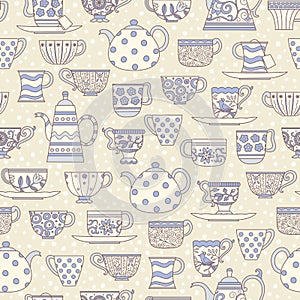 Seamless pattern with teacups and teapots