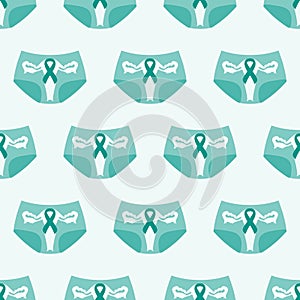 Seamless pattern with teal cancer ribbon and panties. Ovarian and Cervical Cancer Awareness Month teal background. Cancer ribbon photo