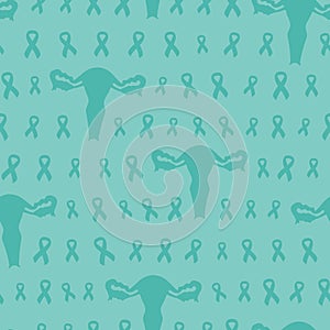 Seamless pattern with teal cancer ribbon and uterus. Ovarian and Cervical Cancer Awareness Month teal background. Cancer ribbon photo