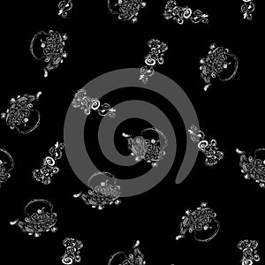 Seamless pattern of teapots and teacups isolated on black background. Chinese seamless pattern of teapots and teacups collection