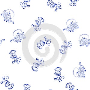 Seamless pattern of teapots and teacups isolated on white background. Chinese seamless pattern of teapots and teacups collection